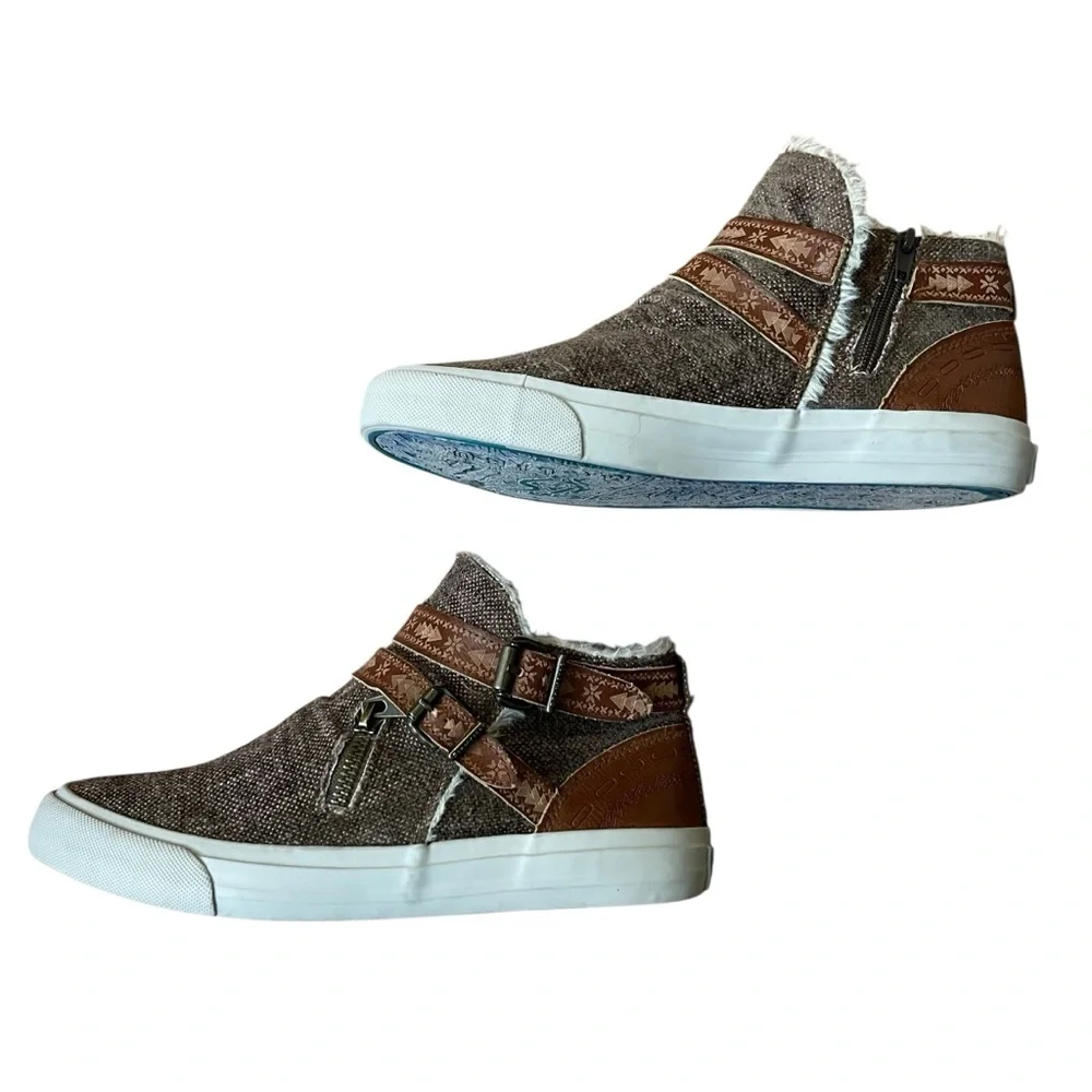Blowfish Malibu Brown Faux Fur High Top Sneakers Buckle Zip Slip-On Shoes